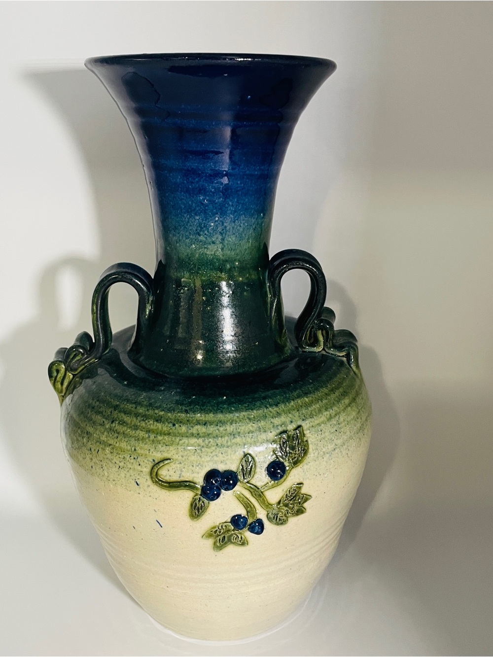 Large 13.5” Studio Pottery Blue Green Double Handle Signed Artisan Ceramic Vase